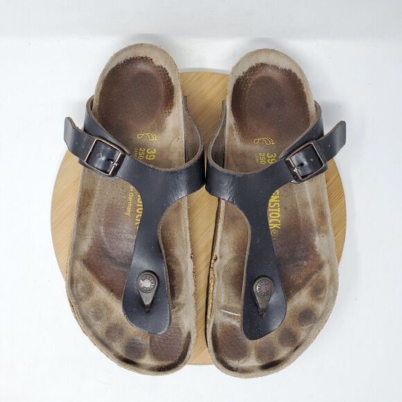 Birkenstock Gizeh 39 Womens 8 Sandal Black Thong Slip On Buckle Strap Distressed - Picture 1 of 15